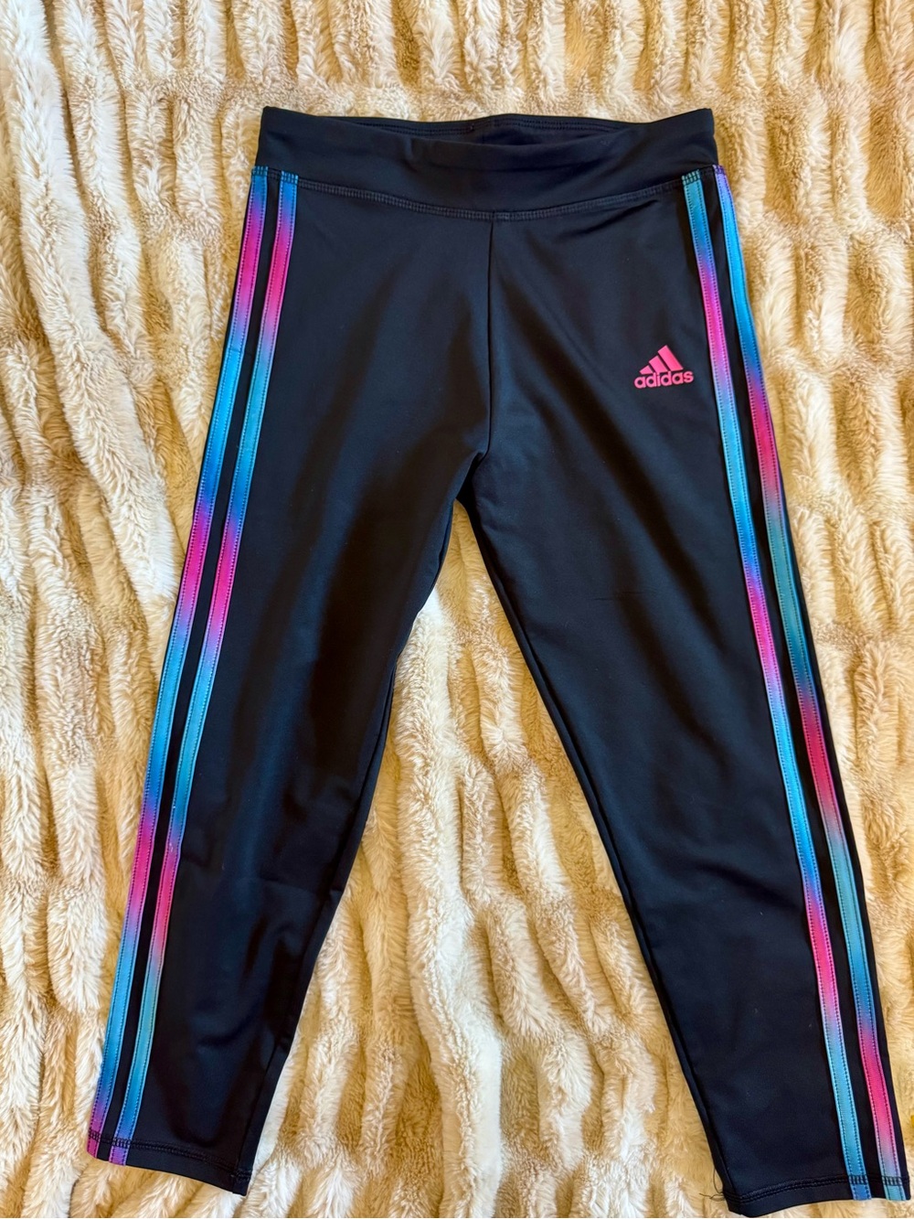 adidas Black Leggings with Pink & Blue Side Stripes